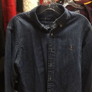 Men's chambray denim Polo shirt.